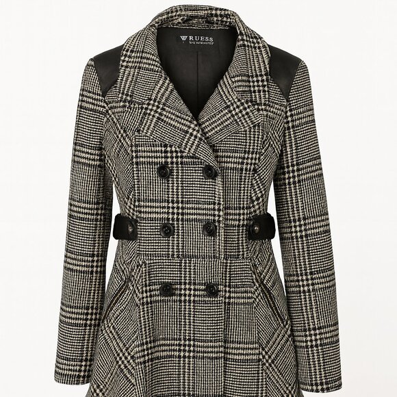 Guess Women’s Plaid Trench Coat Size L – Double Breasted Faux Leather Trim Belte - Picture 1 of 5